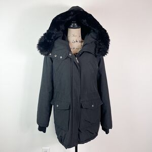 DKNY Women's Black Faux Fur hooded Patch Pockets Coat Size S